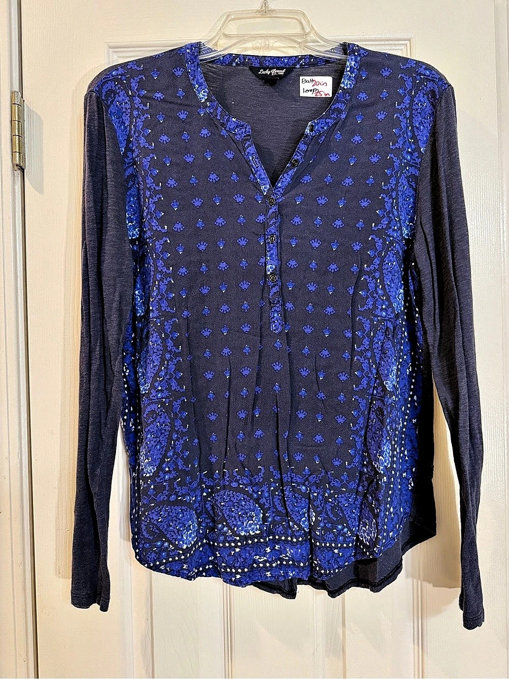 Lucky Brand Blue Paisley Long Sleeve Henley Blouse Tunic Blue L